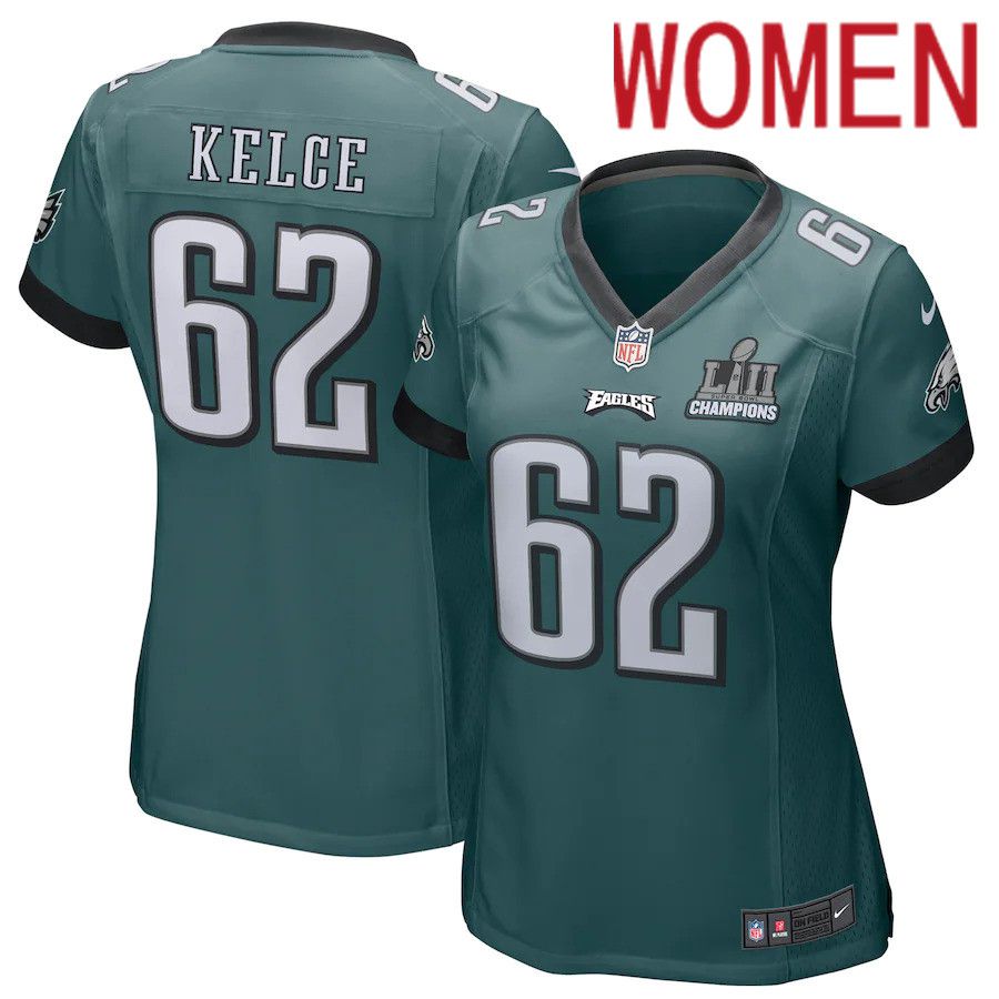 Women Philadelphia Eagles #62 Jason Kelce Nike Midnight Green Super Bowl LII Champions Patch Game NFL Jersey